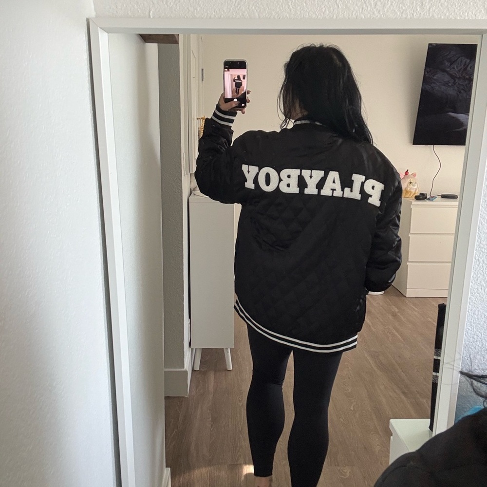 PLAYBOY Black Quilted Women’s Varsity Bomber Jacket - Picture 3 of 6